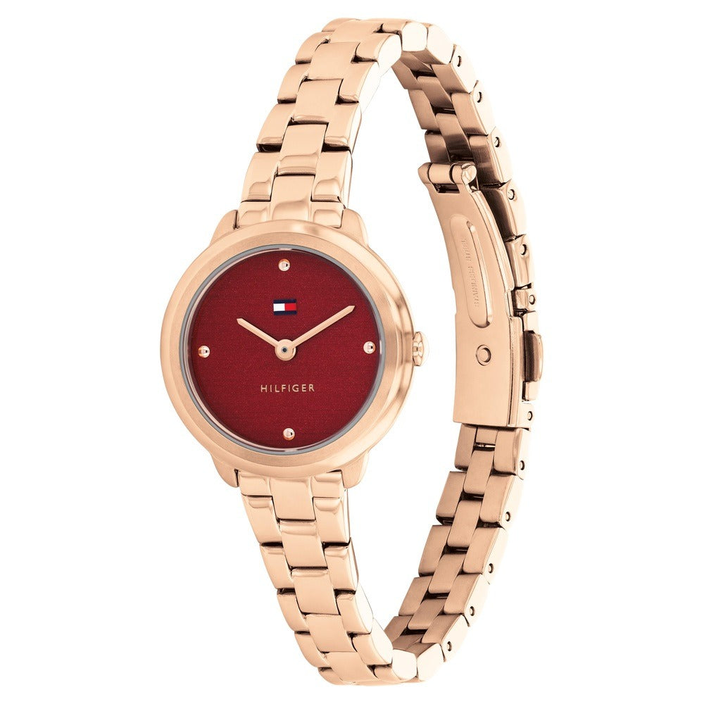 Tommy Hilfiger Quartz Analog Red Dial Golden Stainless Steel Strap Watch For Women