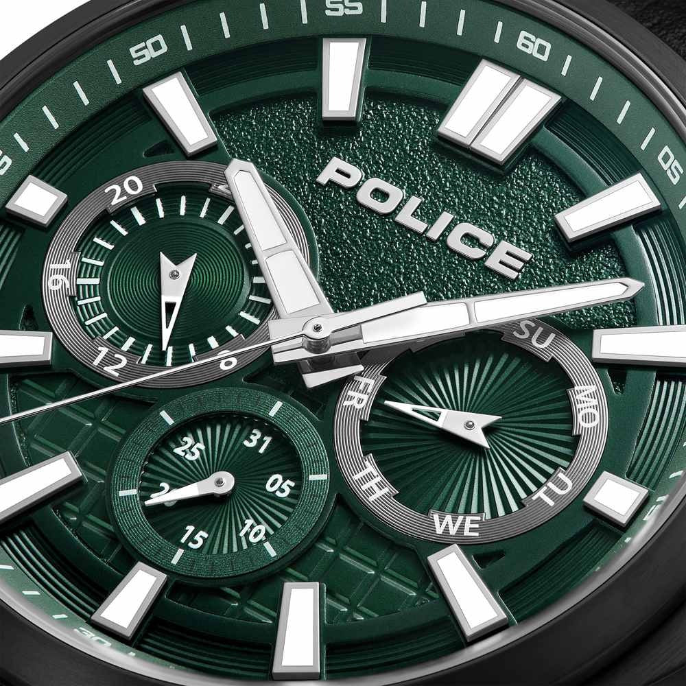 Police Quartz Multifunction Green Dial Black Leather Strap Watch For Men
