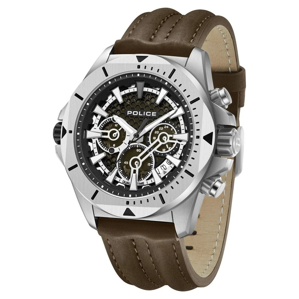 Police Multifunction Green Dial Leather Strap Watch For Men