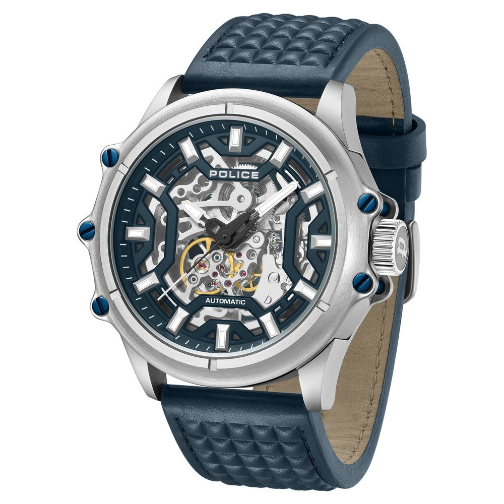 Police Automatic With Self Winding Blue Dial Blue Color Leather Strap Watch For Men