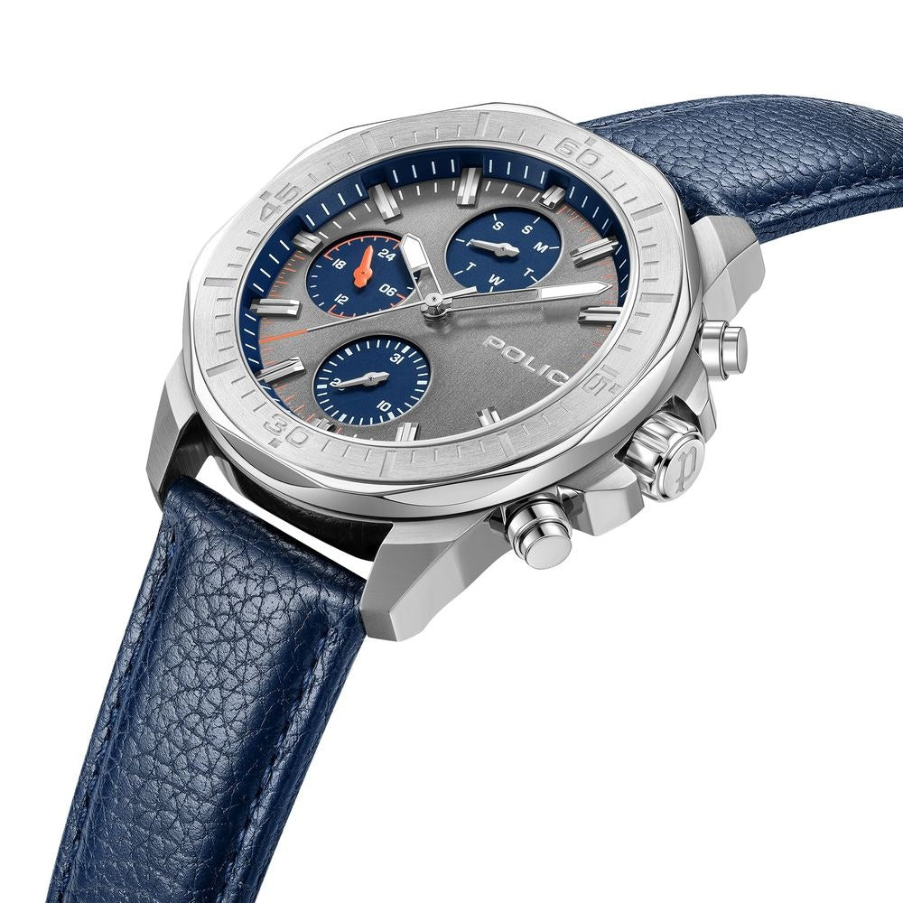 Police Quartz Multifunction Grey Dial Blue Leather Strap Watch For Men