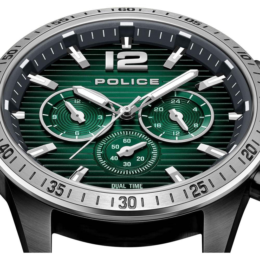 Police Quartz Multifunction Green Dial Black Leather Strap Watch for Men