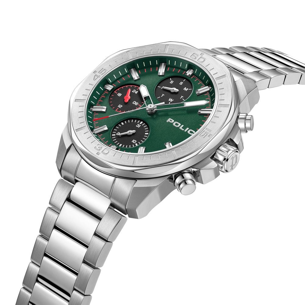 Police Quartz Multifunction Green Dial Silver Stainless Steel Strap Watch For Men
