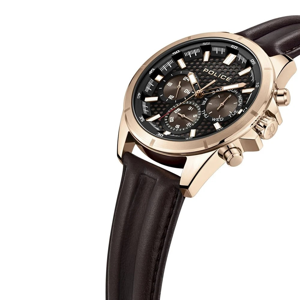 Police Black Dial Brown Strap Multifunction Watch for Men
