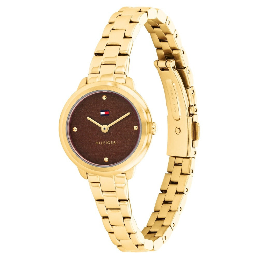 Tommy Hilfiger Quartz Analog Maroon Dial Golden Stainless Steel Strap Watch For Women