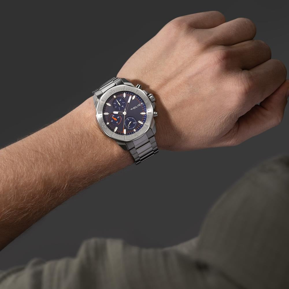 Police Quartz Multifunction Blue Dial Silver Stainless Steel Strap Watch For Men