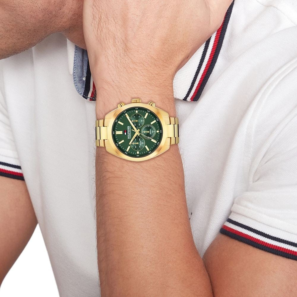 Tommy Hilfiger Quartz Chronograph Green Dial Golden Stainless Steel Strap Watch For Men
