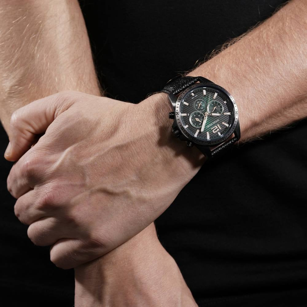 Police Quartz Multifunction Green Dial Black Leather Strap Watch for Men