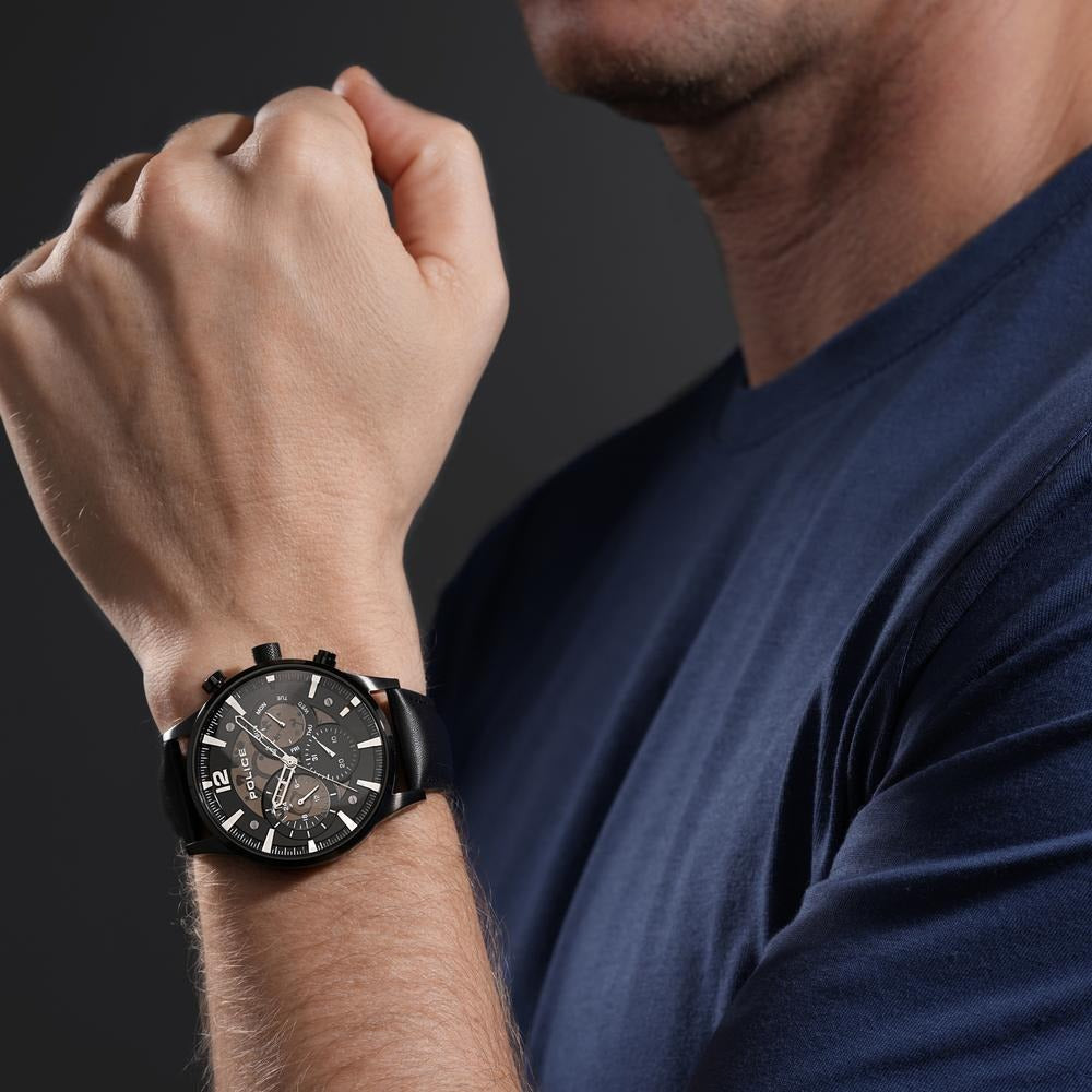 Police Quartz Multifunction Black Dial Black Leather Strap Watch For Men