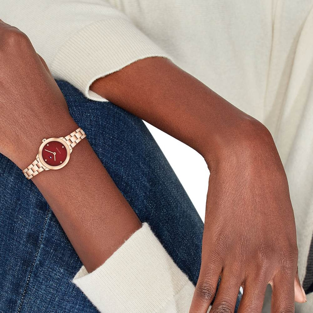 Tommy Hilfiger Quartz Analog Red Dial Golden Stainless Steel Strap Watch For Women