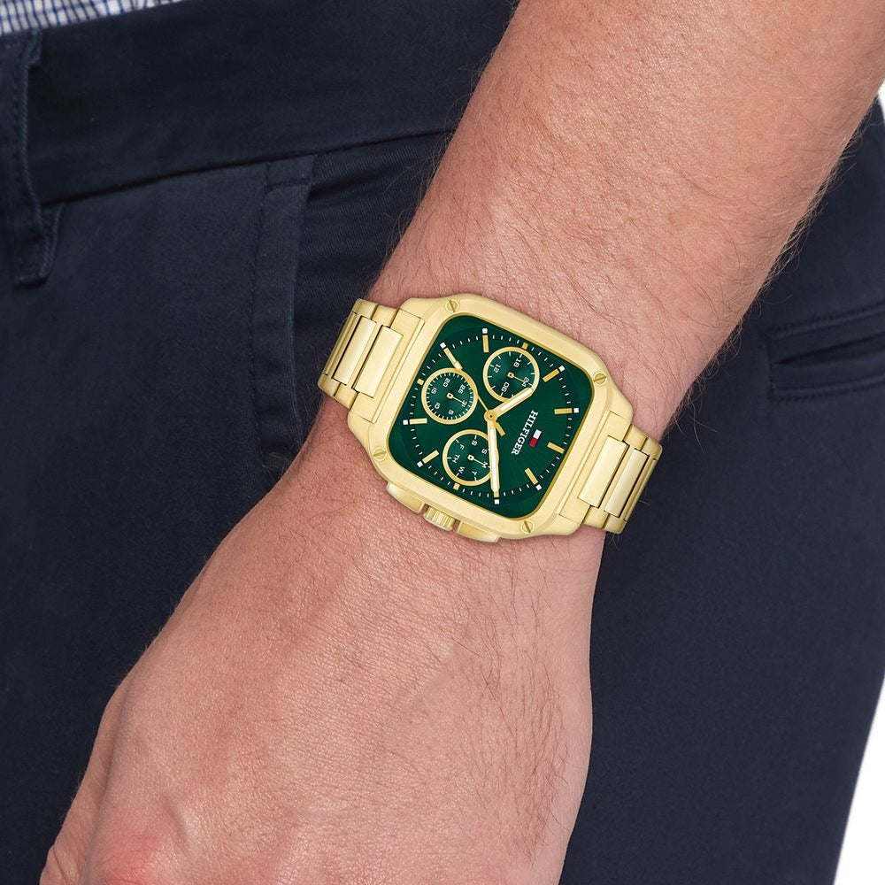 Tommy Hilfiger Quartz Multifunction Green Dial Golden Stainless Steel Strap Watch For Men