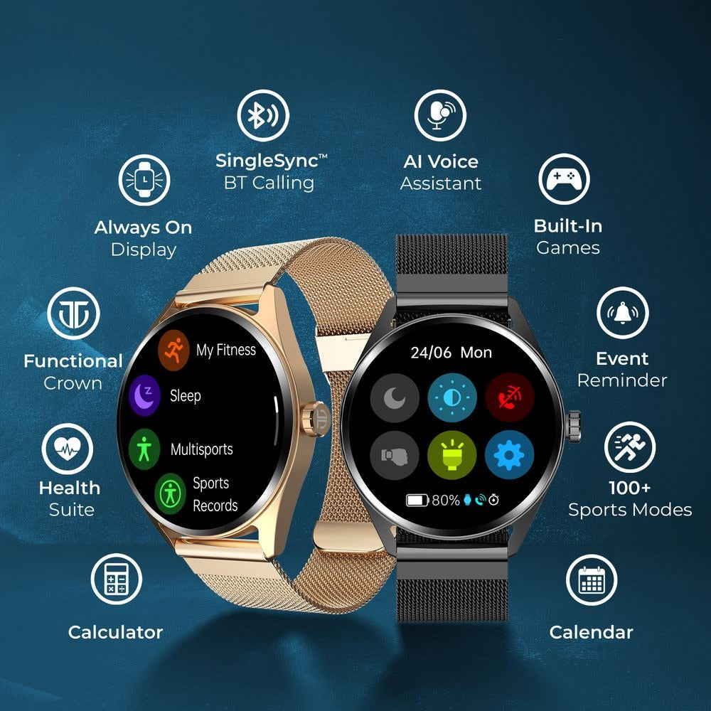 Titan Crest with 3.63 cm AMOLED Display with AOD, Functional Crown, BT Calling Smartwatch with Black Mesh Strap
