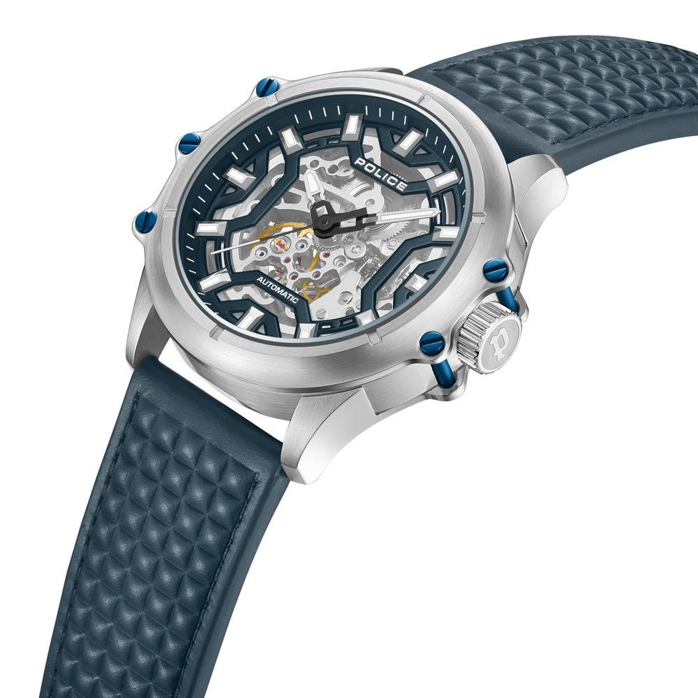 Police Automatic With Self Winding Blue Dial Blue Color Leather Strap Watch For Men