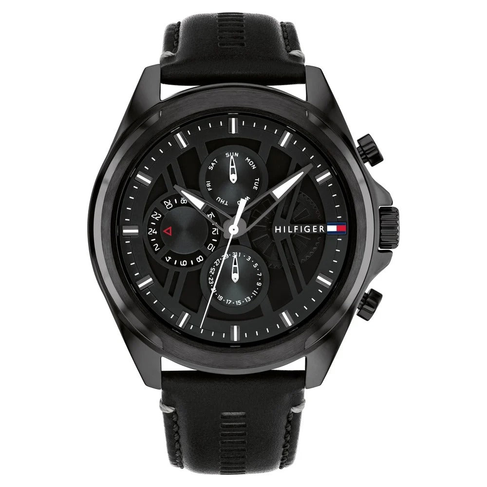 Tommy Hilfiger Multifunction Black Dial Black Color Leather Strap Watch For Men