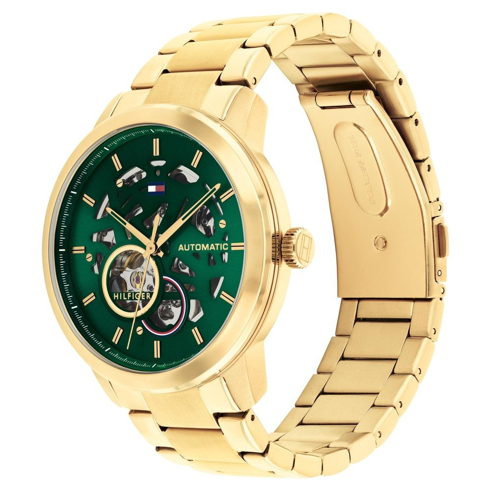 Tommy Hilfiger Automatic Green Dial Golden Color Stainless Steel Strap Watch For Men