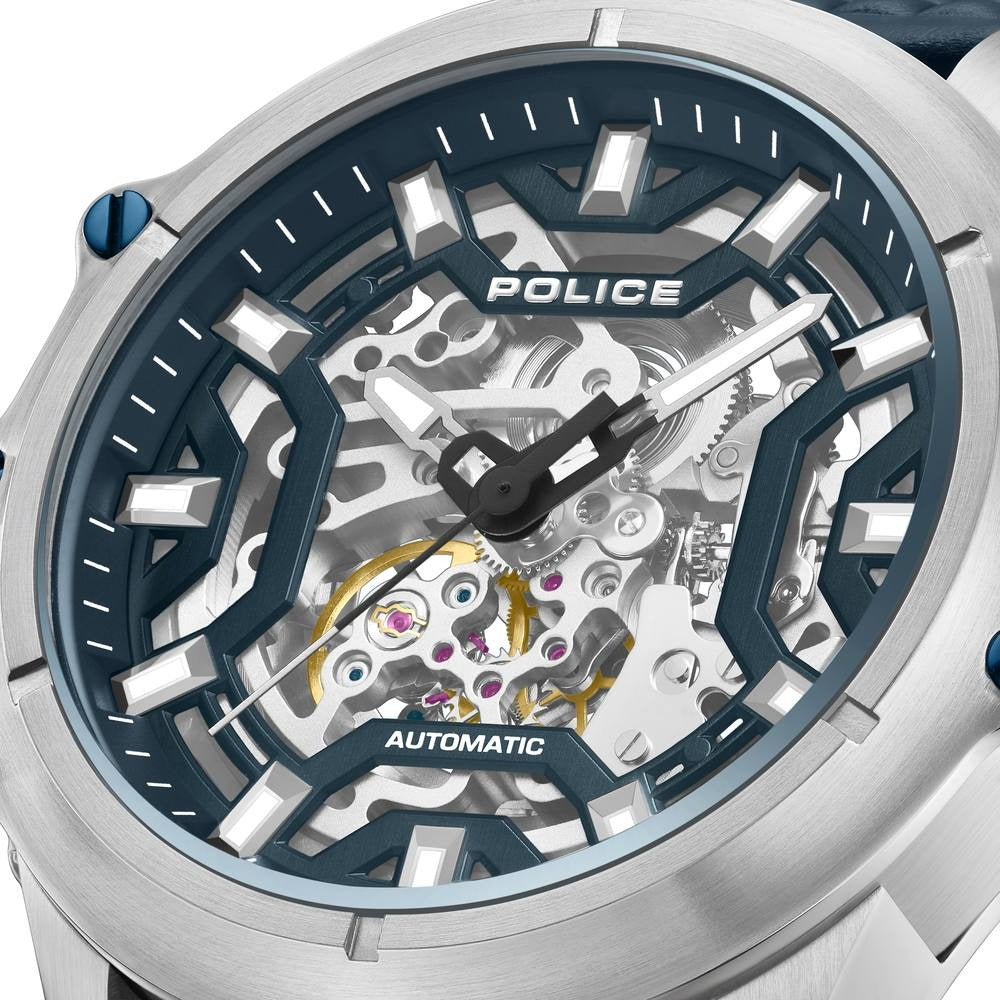 Police Automatic With Self Winding Blue Dial Blue Color Leather Strap Watch For Men