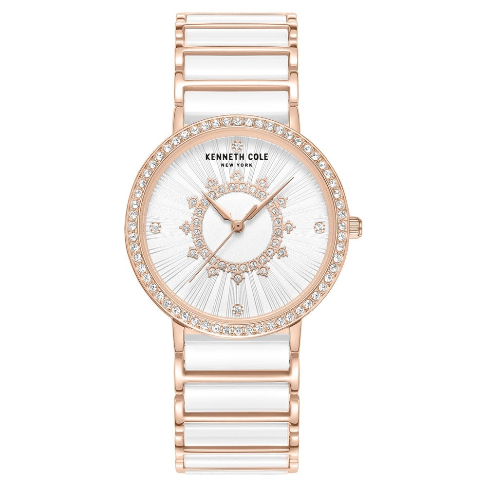 Kenneth Cole Quartz Analog White Dial White Stainless Steel & Ceramic Strap Watch For Women
