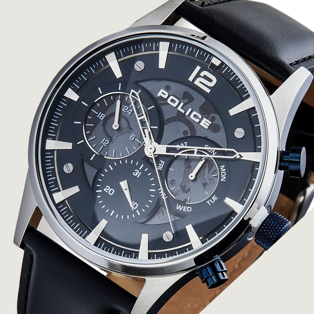 Police Quartz Multifunction Black Dial Leather Strap Watch for Men