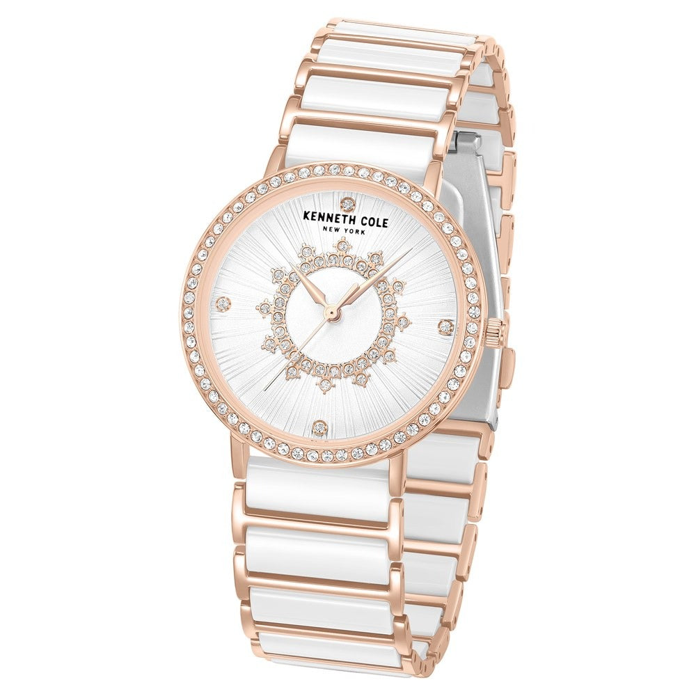 Kenneth Cole Quartz Analog White Dial White Stainless Steel & Ceramic Strap Watch For Women