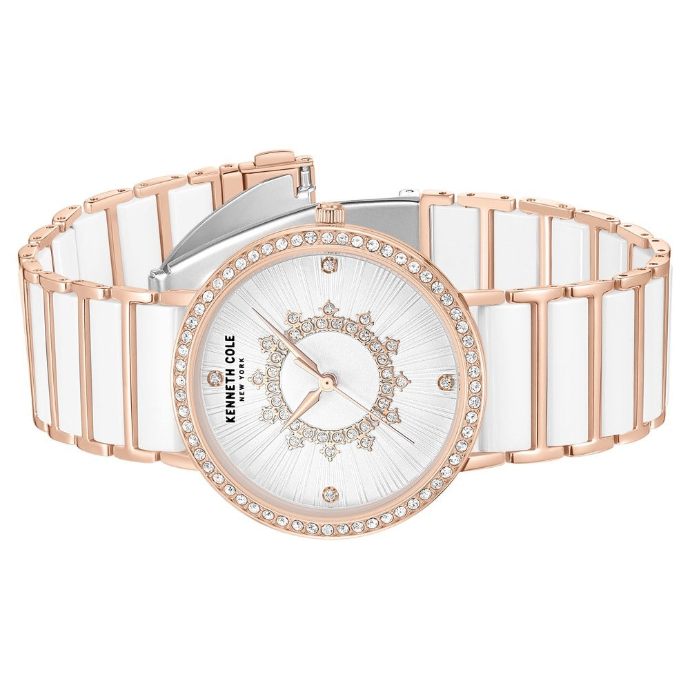 Kenneth Cole Quartz Analog White Dial White Stainless Steel & Ceramic Strap Watch For Women