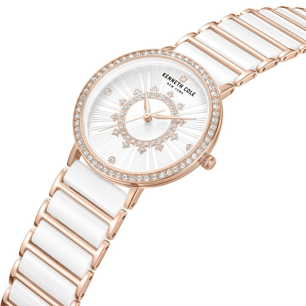Kenneth Cole Quartz Analog White Dial White Stainless Steel & Ceramic Strap Watch For Women