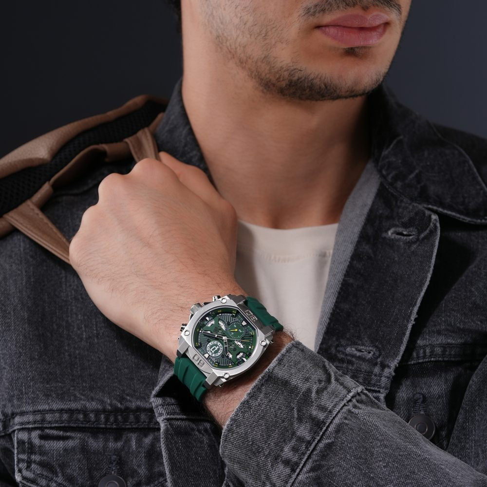 Police Multifunction Green Dial Green Color Silicone Strap Watch For Men