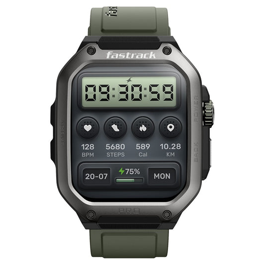 Fastrack Active Pro with 4.69 cm AMOLED Display and AOD, Functional Crown, BT Calling Rugged Smartwatch with Green Strap