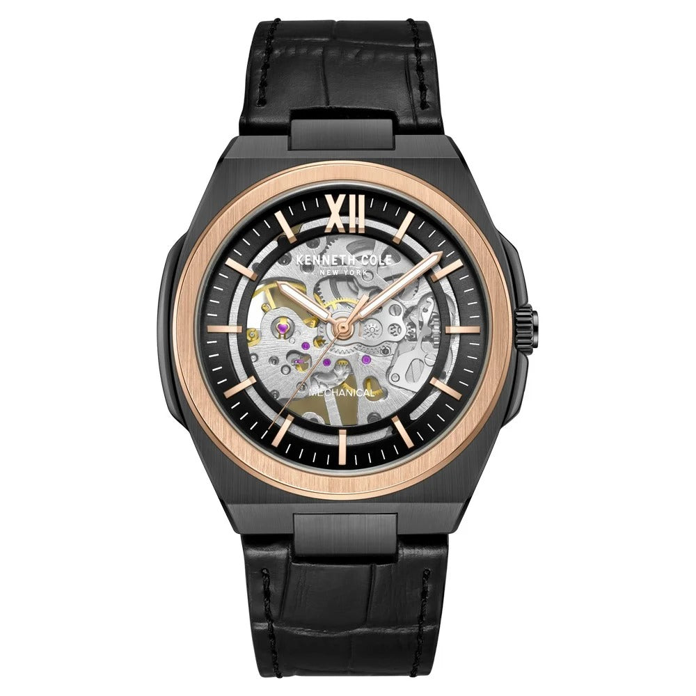 Kenneth Cole Mechanical Hand Wound Analog Mechanical Black Round Dial Black Leather Strap Watch For Men