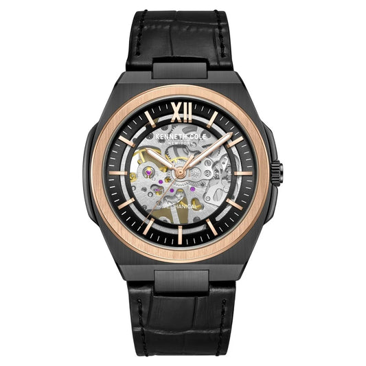Kenneth Cole Mechanical Hand Wound Analog Mechanical Black Round Dial Black Leather Strap Watch For Men