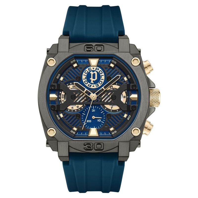 Police Multifunction Blue Dial Blue Color Silicone Strap Watch For Men