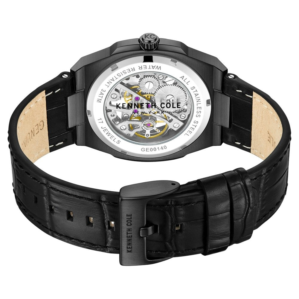Kenneth Cole Mechanical Hand Wound Analog Mechanical Black Round Dial Black Leather Strap Watch For Men