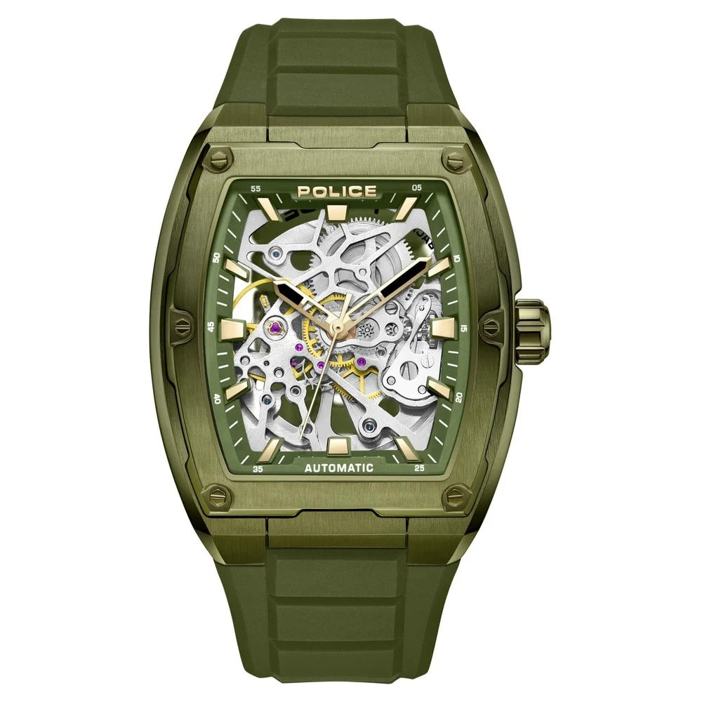Police Men's Skeleton KL Rahul Edition Automatic Olive Silicone Strap Watch