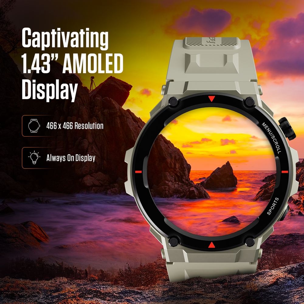 Fastrack Xtreme Pro with 3.6 cm AMOLED Display, Rugged Design, SingleSync BT Calling, Functional Crown with Beige Strap
