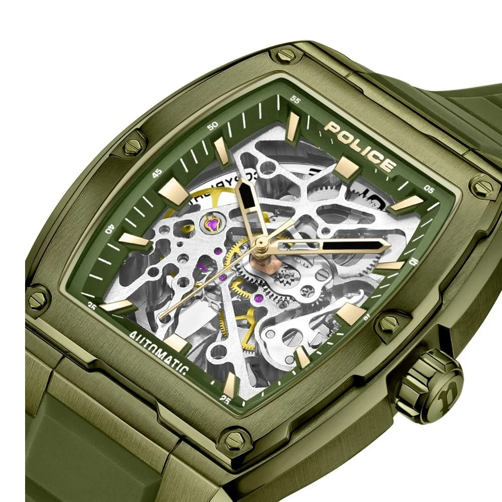 Police Men's Skeleton KL Rahul Edition Automatic Olive Silicone Strap Watch