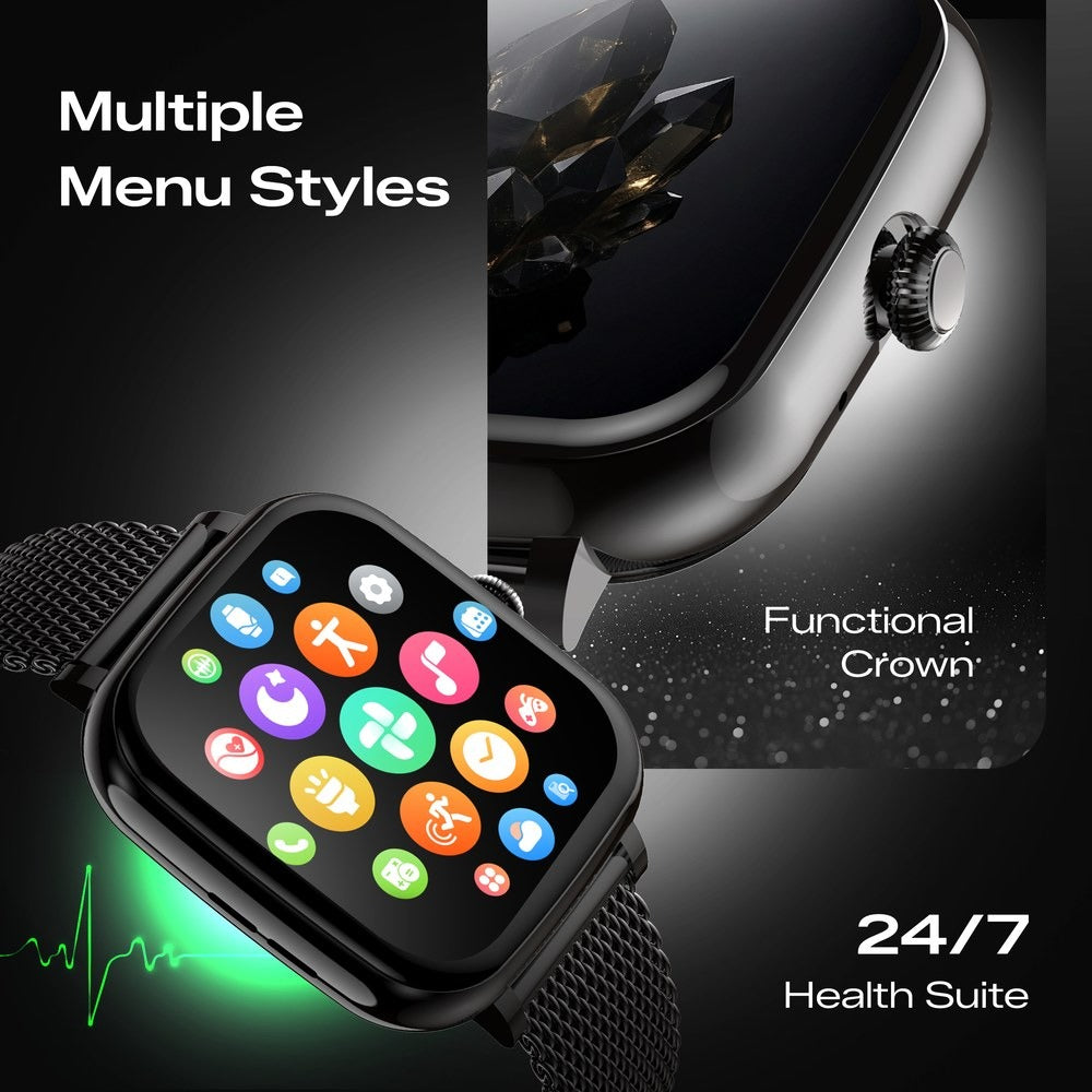 Fastrack Noir Rizz Women Smartwatch with 1.72" inch HD Display, Womens Health, Functional Crown, BT Calling, SpO2, Additional Silicone Strap