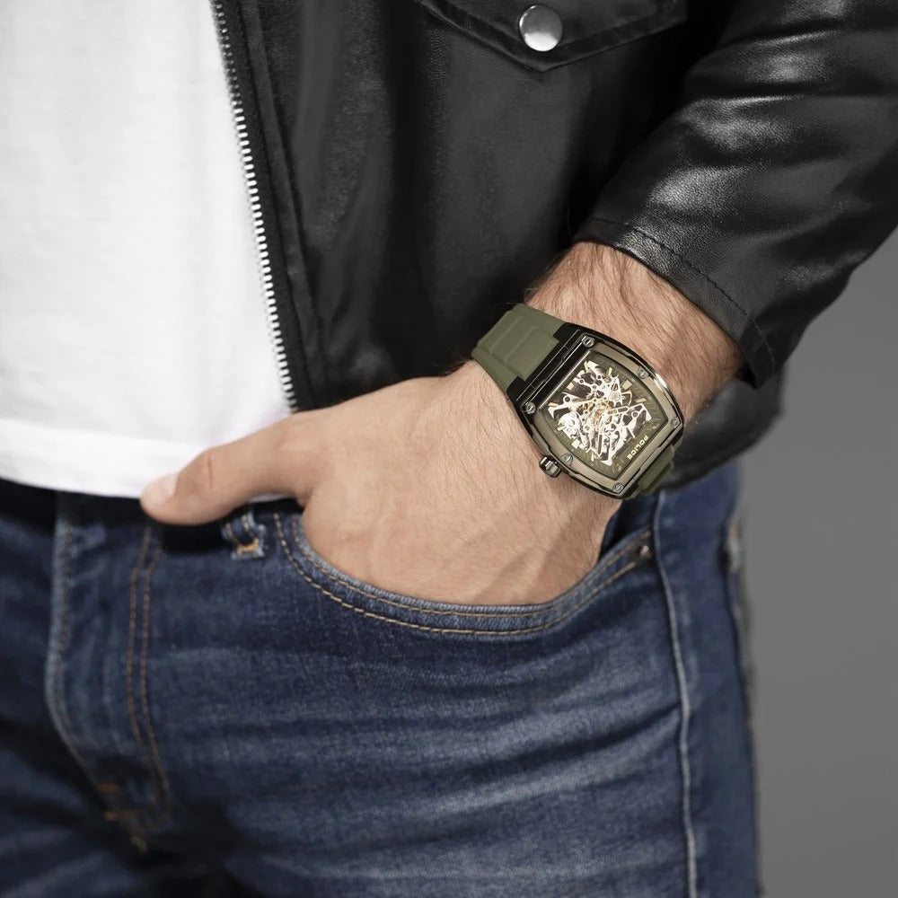 Police Men's Skeleton KL Rahul Edition Automatic Olive Silicone Strap Watch